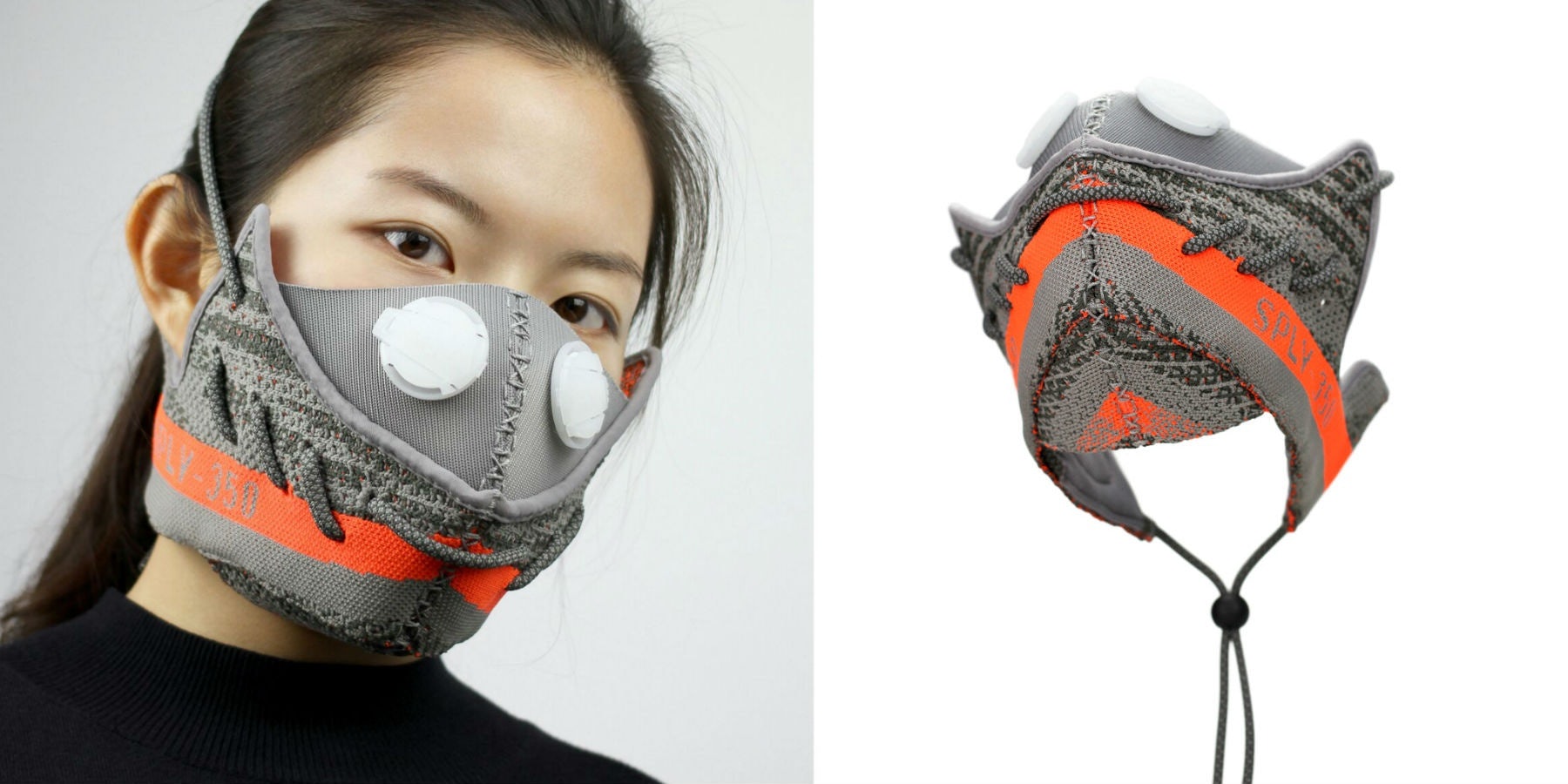 Beijing-based designer Zhijun Wang turned heads when he created an air filter mask from Yeezy Boost 350 V2 sneakers. (Courtesy Photos)