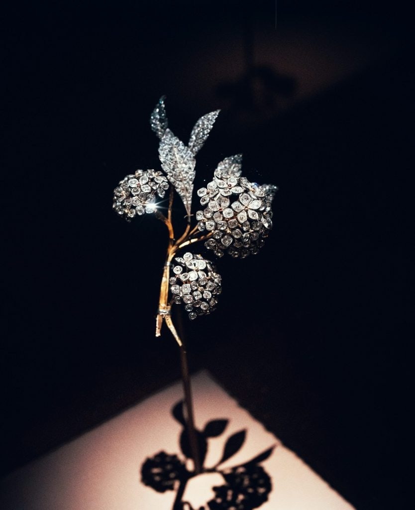The shadow of Queen Hortense's hydrangea brooch looks like the reflection of real plants when refracted on the display pedestals. Photo: Courtesy of Chaumet