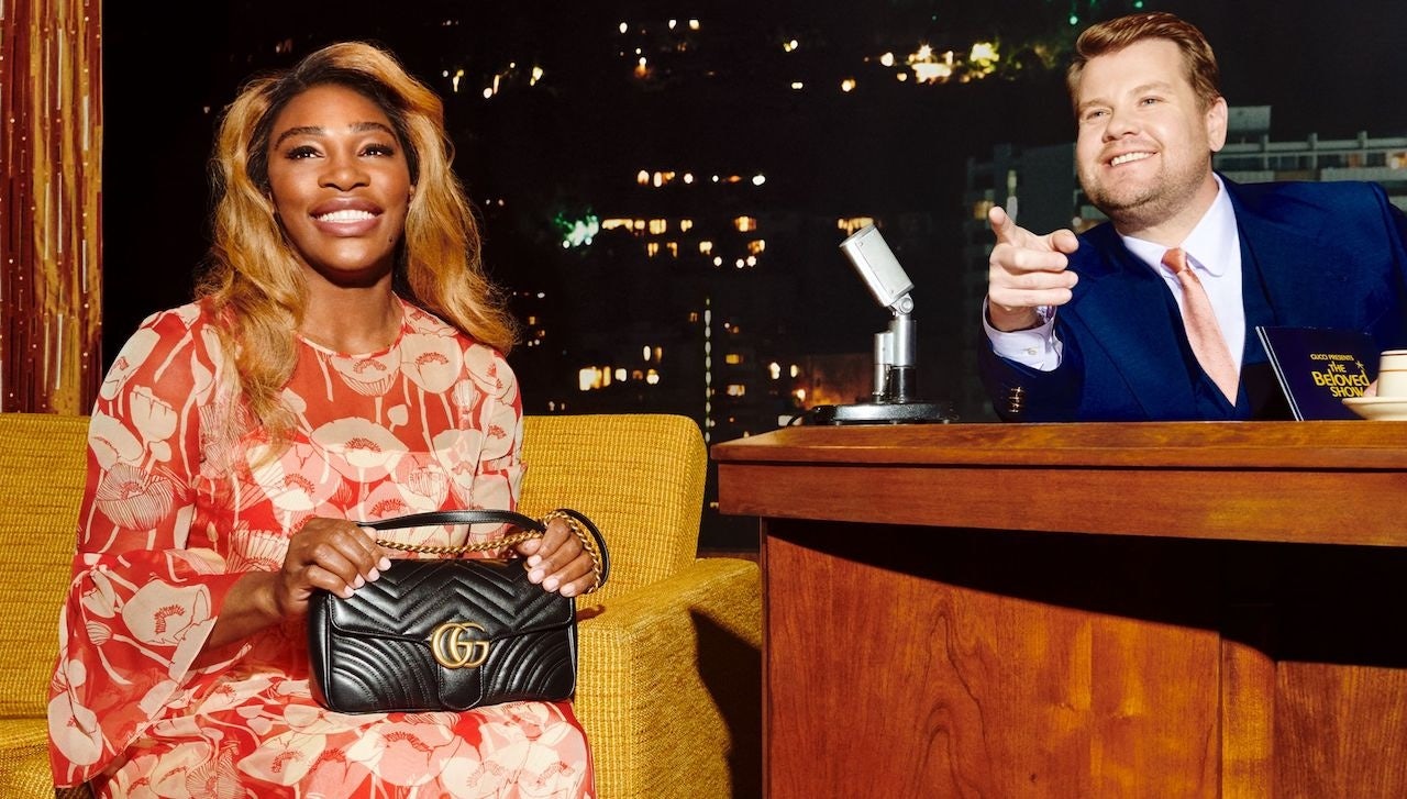 Gucci’s scripted “talk show” saw host James Corden chat with Gucci-outfitted guests Serena Williams, Harry Styles and Dakota Johnson. Photo: Courtesy of Gucci