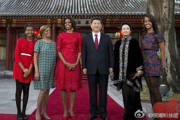 Michelle Obama and her mother and daughters meet with China President Xi Jinping and First Lady Peng Liyuan in Beijing. 