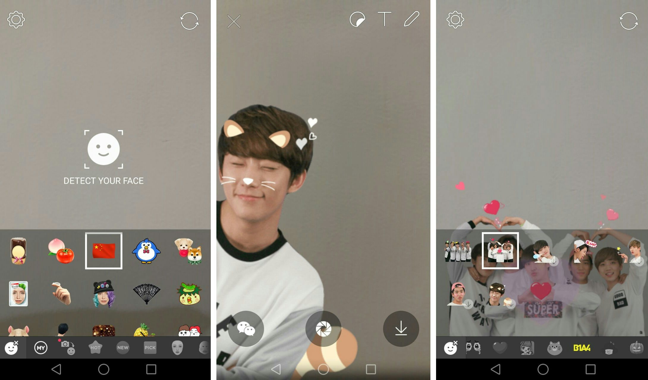 Screenshots from the photo-sharing app, Snow, which features stickers from K-pop band B1A4 . 