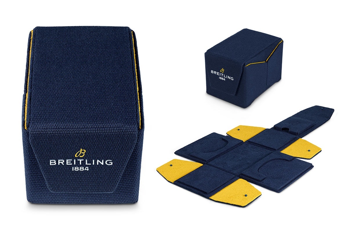 Breitling’s eco-friendly, foldable, and reusable watch box is made from 100% upcycled plastic bottles. Photo: Breitling