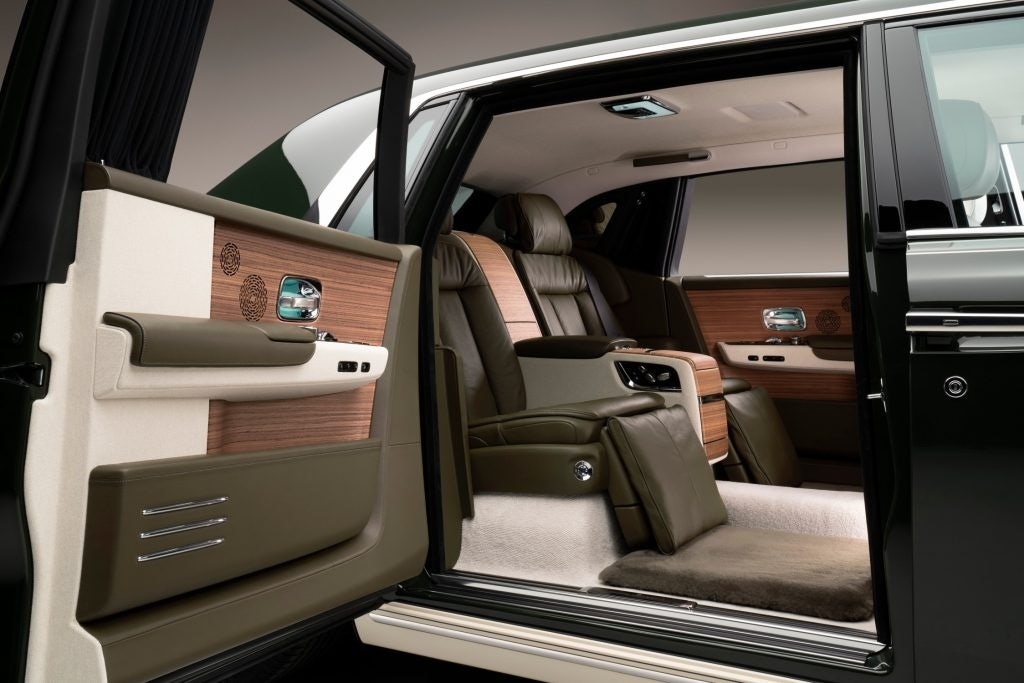 The interior of the Phantom Oribe is finished predominantly in Hermès Enea Green leather. Photo: Courtesy of Rolls-Royce