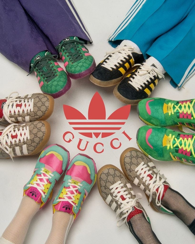 The Adidas x Gucci collection presents the Gazelle and ZX 8000 sneakers in a vibrant palette. Photo: Gucci