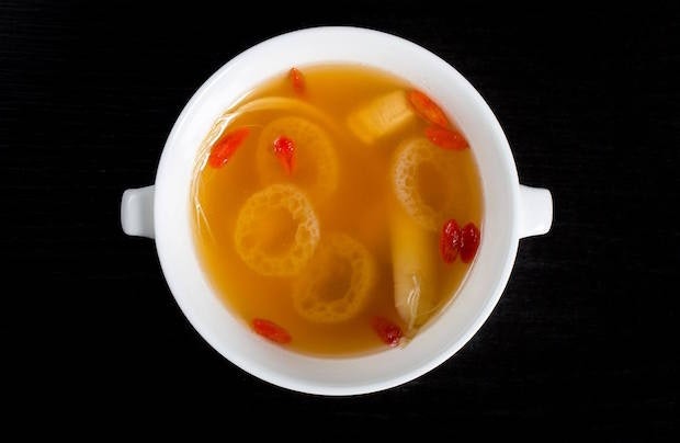 Hakkasan's double-boiled fresh ginseng and chicken soup with bamboo pith and wolfberry for its Chinese New Year menu. (Courtesy Photo)