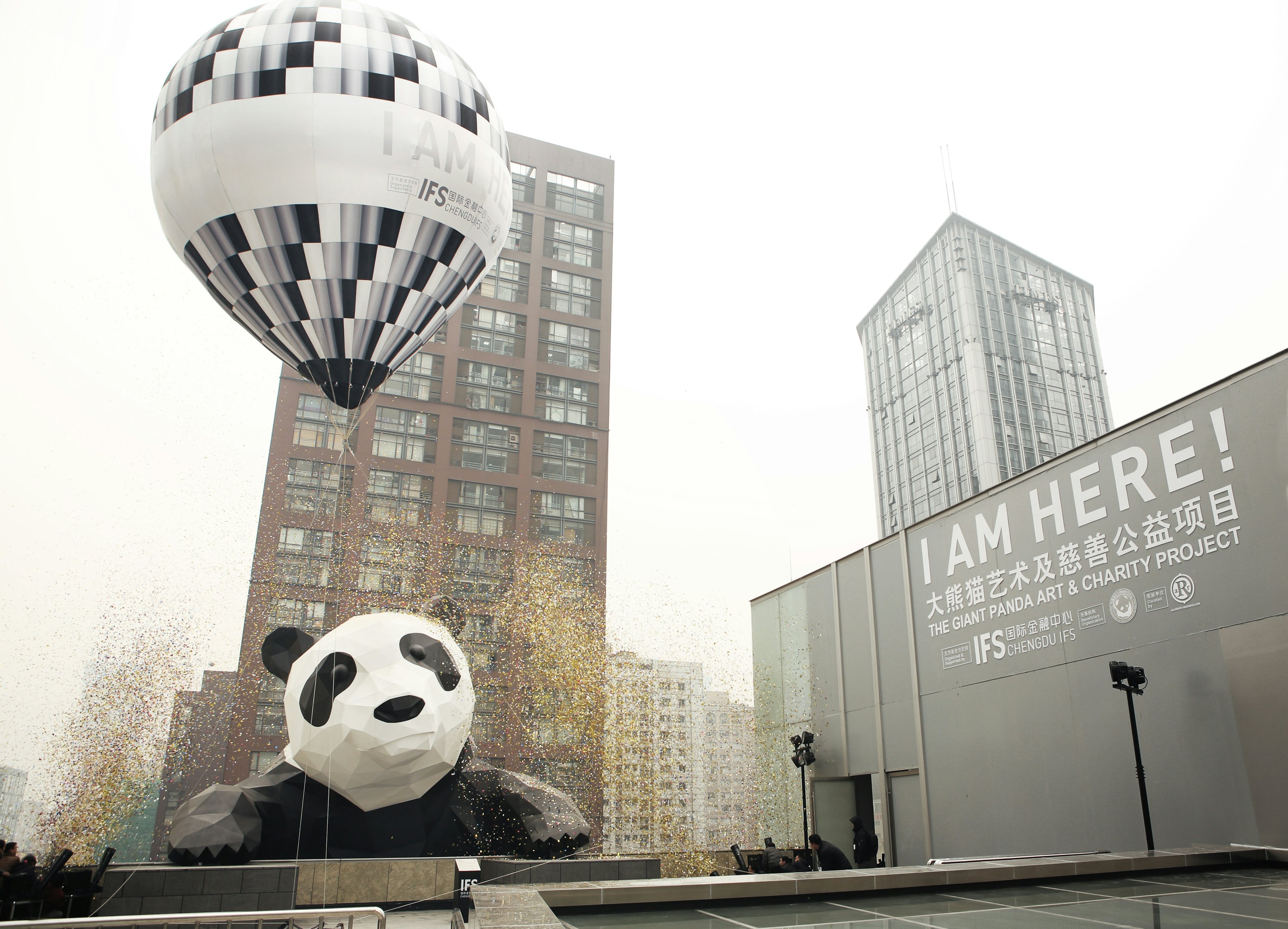 Chengdu IFS’s gigantic and iconic panda sculpture, which hangs over its main entrance, is a commission created by artist Lawrence Argent. Courtesy photo