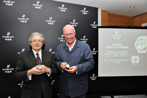 Jean-Claude Biver, chairman of Hublot, and Jean-Jacques de Dardel, ambassador of Switzerland to China were present at the event. (Hublot)