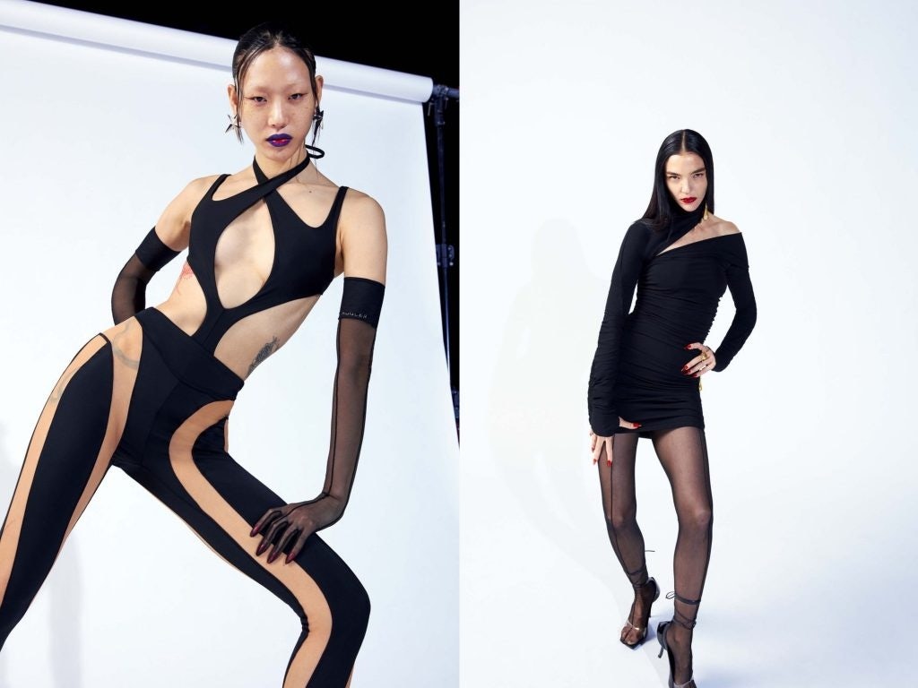 H&M x Mugler collaboration featured form-flattering catsuits, oversized shoulders leather outerwear, and spiral multi-seaming baggy jeans. Image: H&M