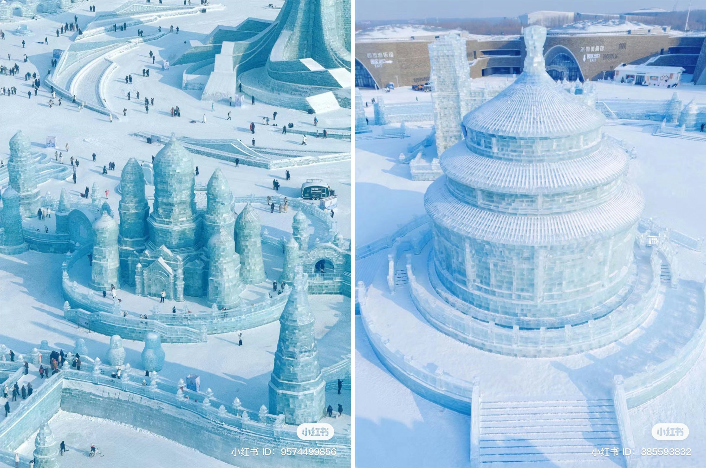 Ice sculptures take the form of iconic global buildings, such as Beijing's Temple of Heaven (right). Photo: Xiaohongshu