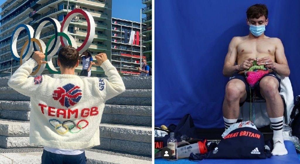 Tom Daley trended in China after photos of him knitting during the Tokyo Olympics went viral. Photo: @madewithlovebytomdaley on Instagram