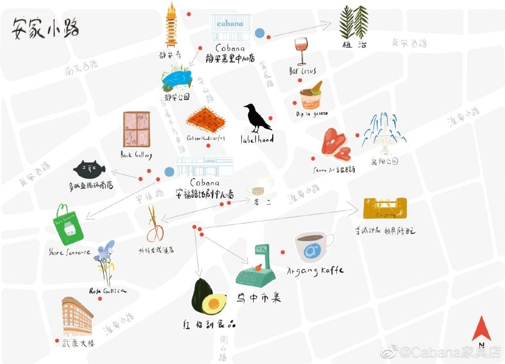 To promote the community around its store, Cabana created a map marking the apparel shops, art galleries, parks, and other attractions in the surrounding area. Photo: Cabana's Weibo