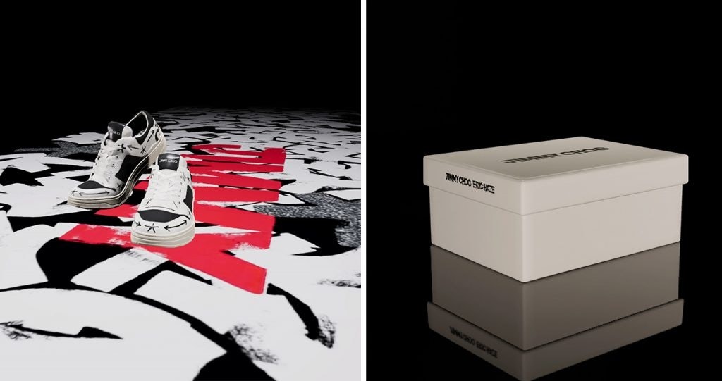 Jimmy Choo is launching two NFT initiatives, a sneakers auction (left) and Mystery Boxes (right), enhancing the capsule's collectability. Photo: Courtesy