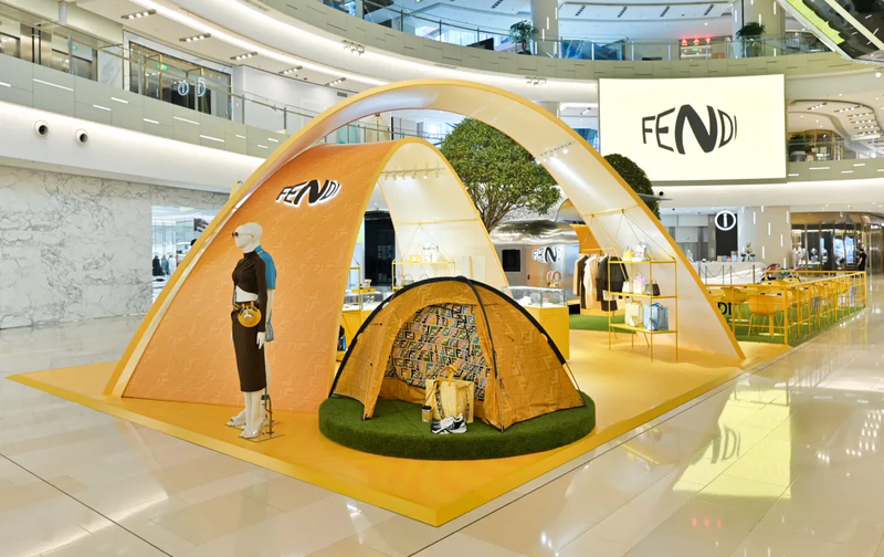 Fendi's indoor campsite setup at IAPM Mall in Shanghai. Photo: IAPM Mall's Weibo
