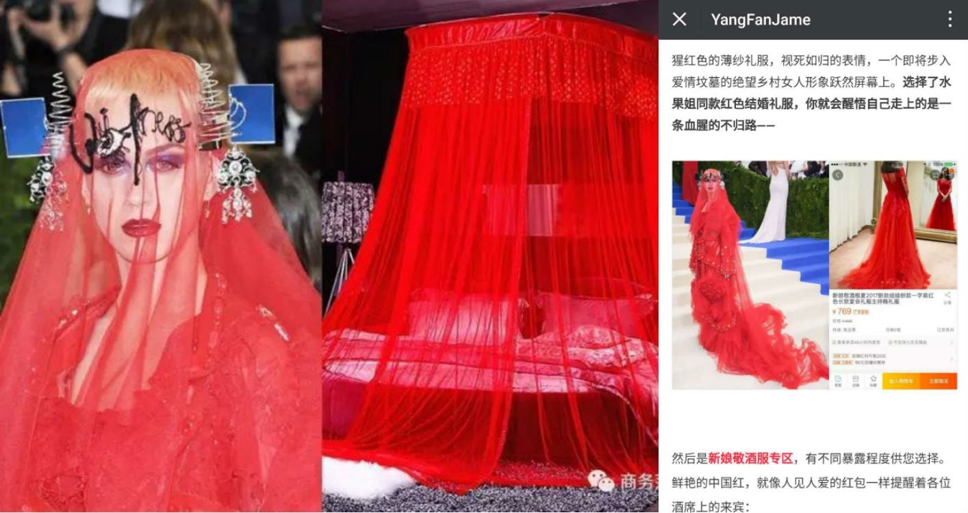 Bloggers on Chinese social media platforms both likened Katy Perry's Met Gala outfit to a mosquito net, and gave suggestions on where to buy similar dresses.