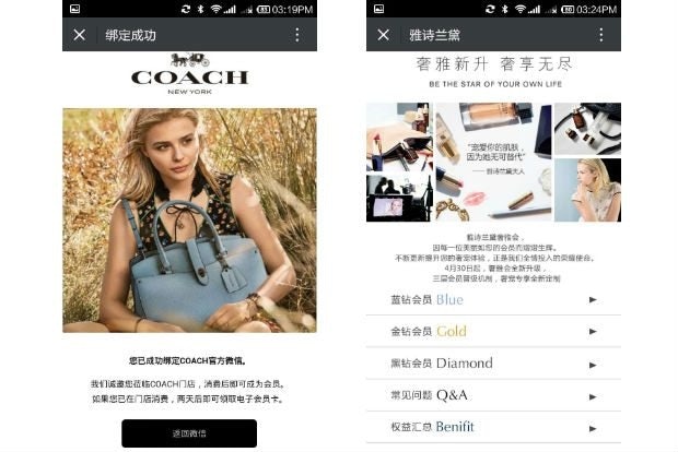Coach and Estee Lauder are among luxury brands in China that have loyalty programs customers can sign up for and access via WeChat.