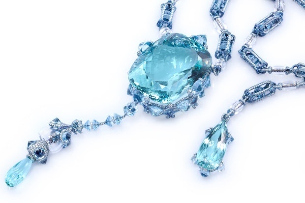 Wallace Chan's "A Drop Into The Ocean" necklace, set with a 379.21 carat aquamarine, diamonds and sapphires (Image: Vogue)