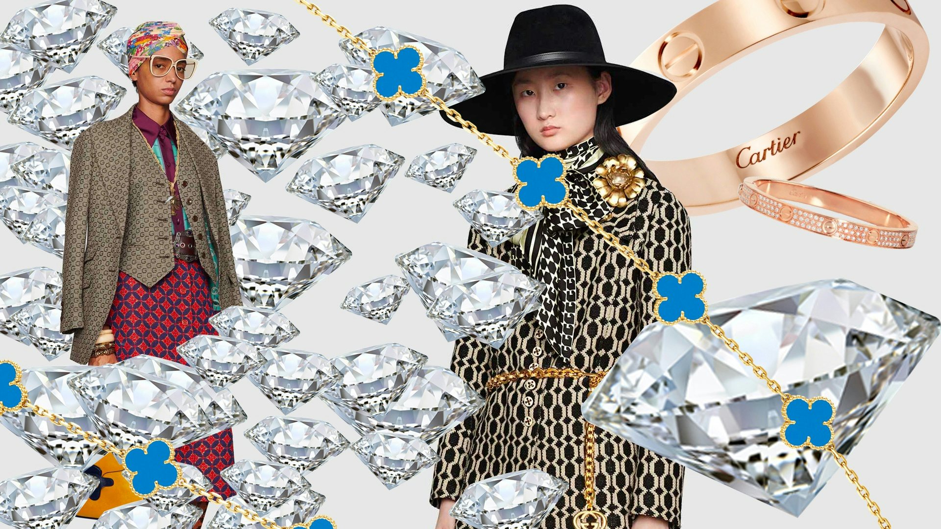 In luxury, the future is female. The jewelry subsegment should see a shift to self-purchasing and impulse purchasing, making branded luxury jewelry shine. Credit: Shutterstock, Gucci, Cartier, Van Cleef