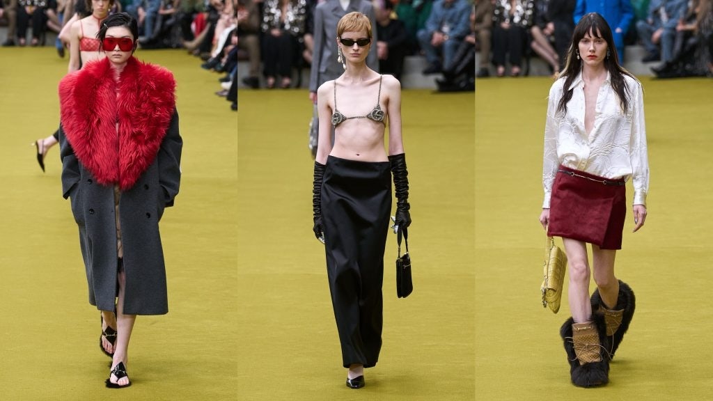 Gucci took historical cues from past collections, including the '90s slimline tailoring of the Tom Ford era. Image: Gucci
