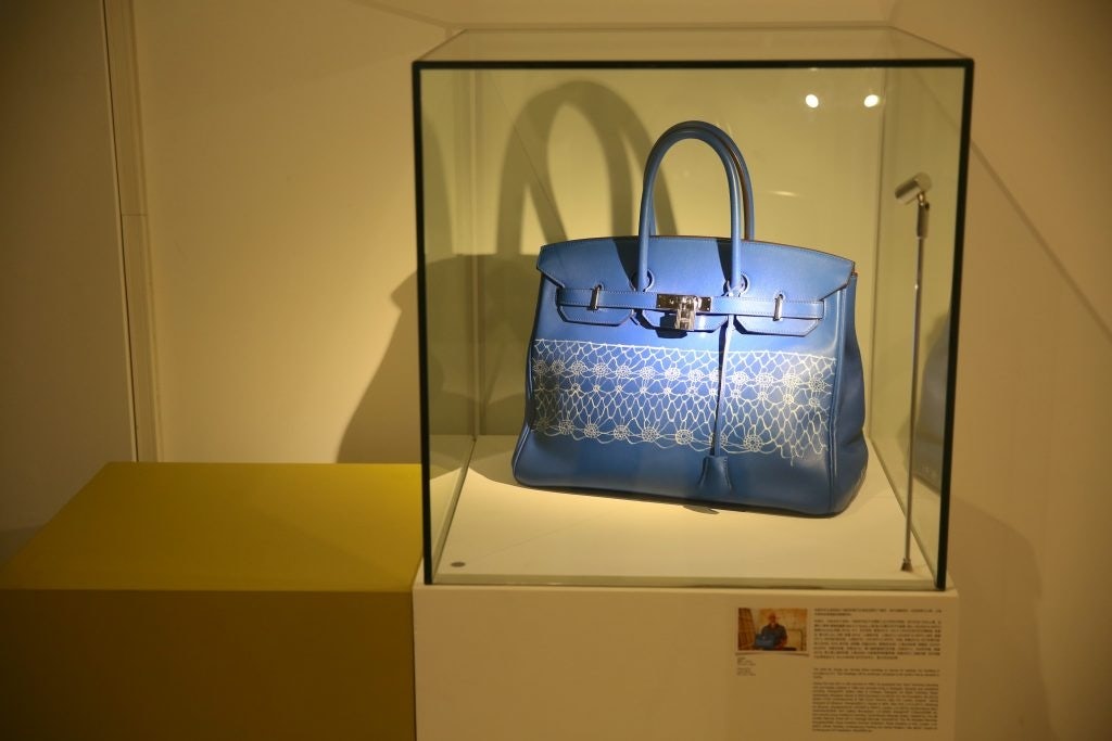 Shanghai-based contemporary artist Zhang Enli's painted Birkin bag will be auctioned off for charity after the event. (Courtesy Photo)