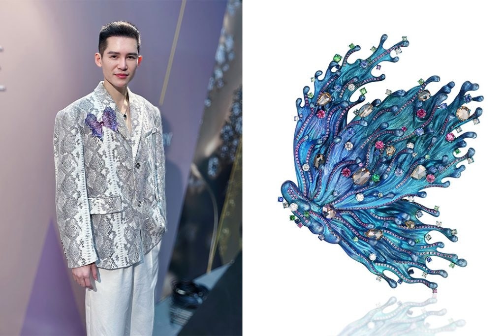 Wallis Hong's "Eternal Butterfly I" brooch (right) was inspired by his childhood memories of chasing butterflies. Photo: Wallis Hong