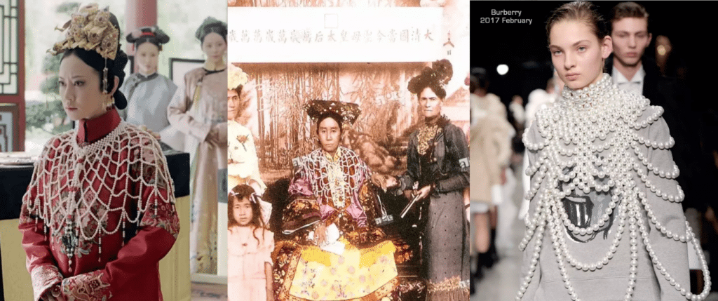 The ancient China pearl scarf worn by Empress Cixi is quite a fashion-forward statement, a similar style has appeared at Burberry 2017 show. Photo: gogoboi/WeChat
