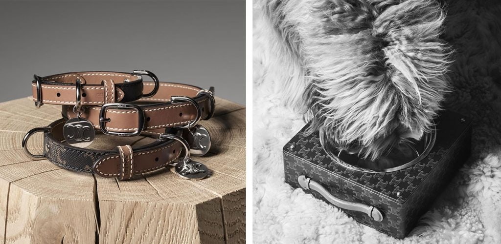 Celine's pet accessories include leashes and dog bowls covered in lambskin. Photo: Celine
