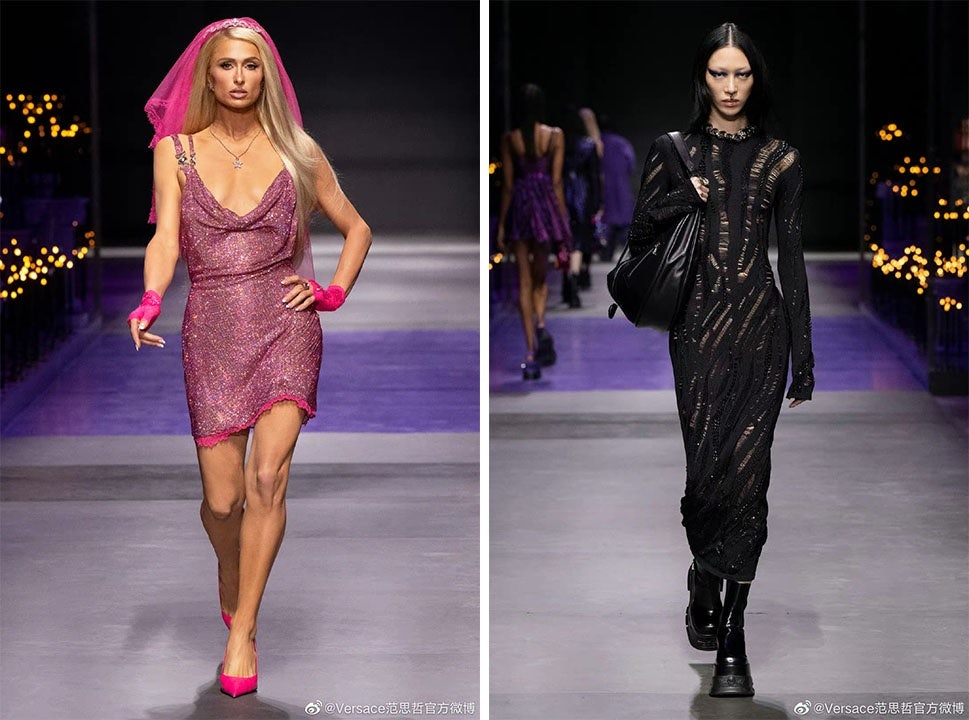 Paris Hilton's barbiecore look was a stark contrast to Versace's other gothic pieces. Photo: Versace