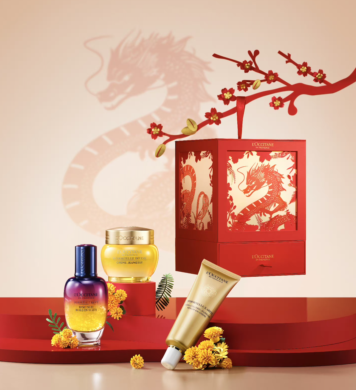 French beauty label L’Occitane has crafted a gift box that doubles as a dragon-patterned paper-cut lantern, which can be lit and hung in the homes of holiday shoppers. Image: L'Occitane