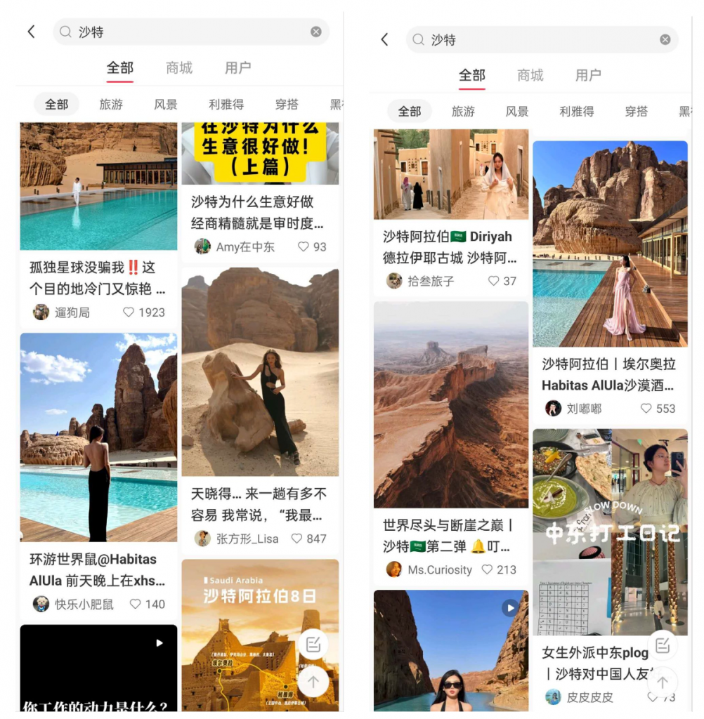 The top travel posts on Xiaohongshu for the search “Saudi Arabia.” Image: Xiaohongshu