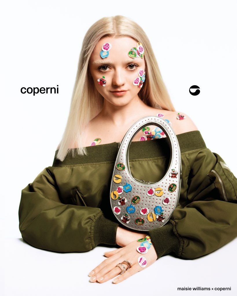 The bags are designed with a removable crossbody strap and come with five customizable pins inspired by fruit labels. Photo: Courtesy of Coperni