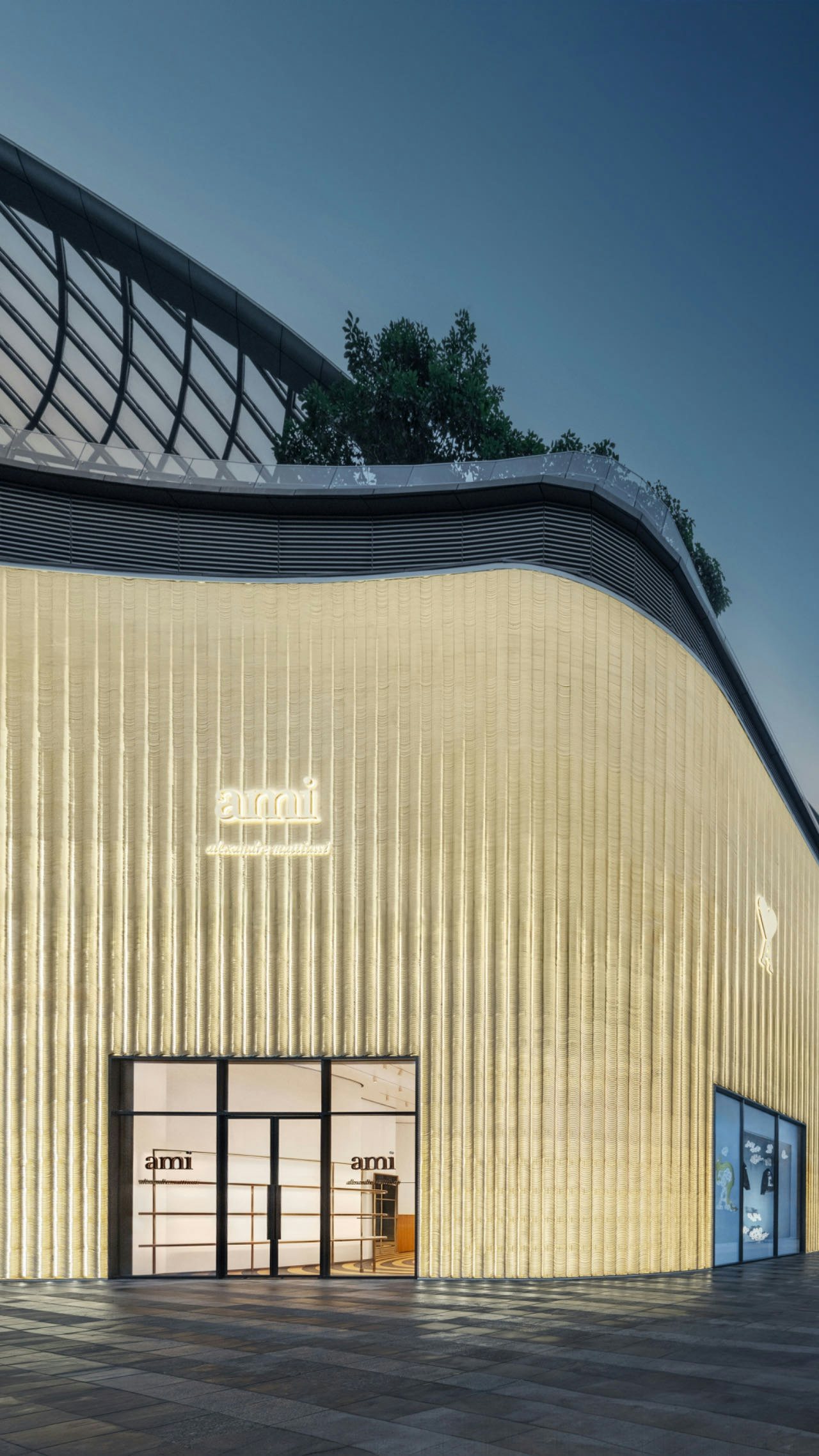The Ami Paris store in Guangzhou features a facade of 450sqm made from 140,000 enameled tiles produced in the traditional Cantonese architectural style. Image: Ami