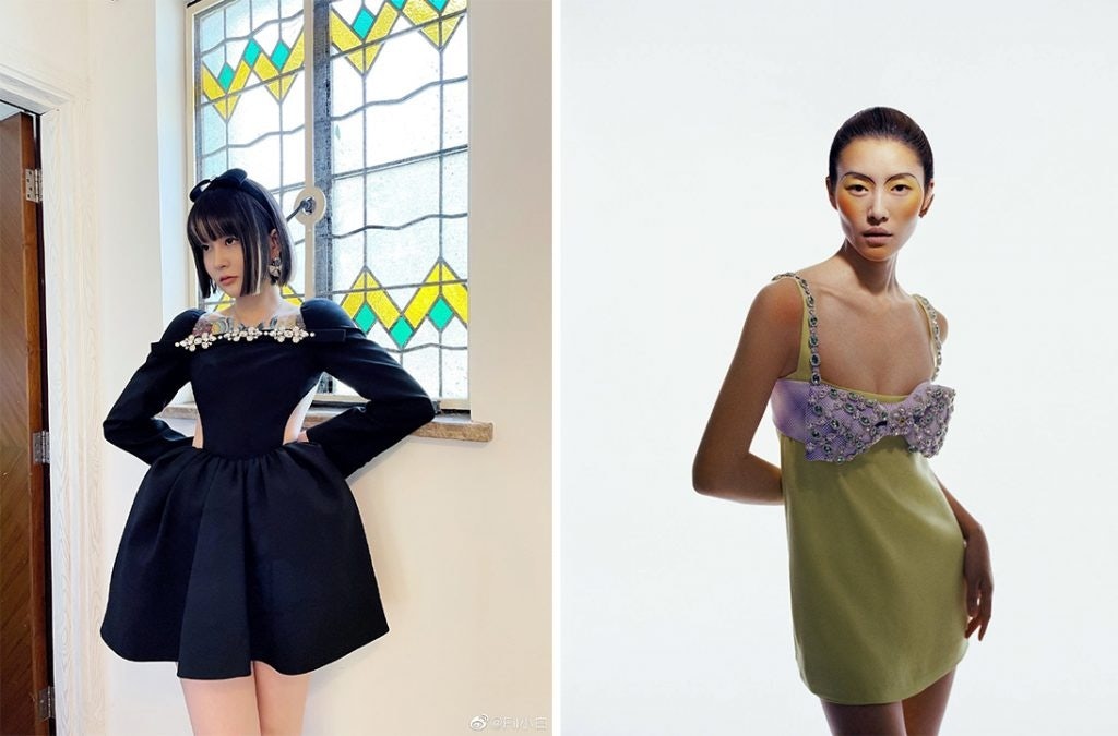 Shushu/Tong pieces are worn by fashion KOL @Fil小白 (left) and supermodel Liu Wen (right). Photo: Shushu/Tong's Weibo