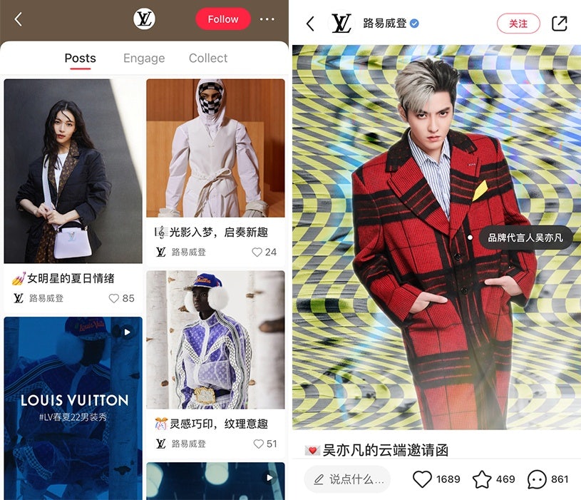 Louis Vuitton shares photos of its Spring 2022 Menswear Collection with its 250,000 followers on Little Red Book. Photo: Screenshots