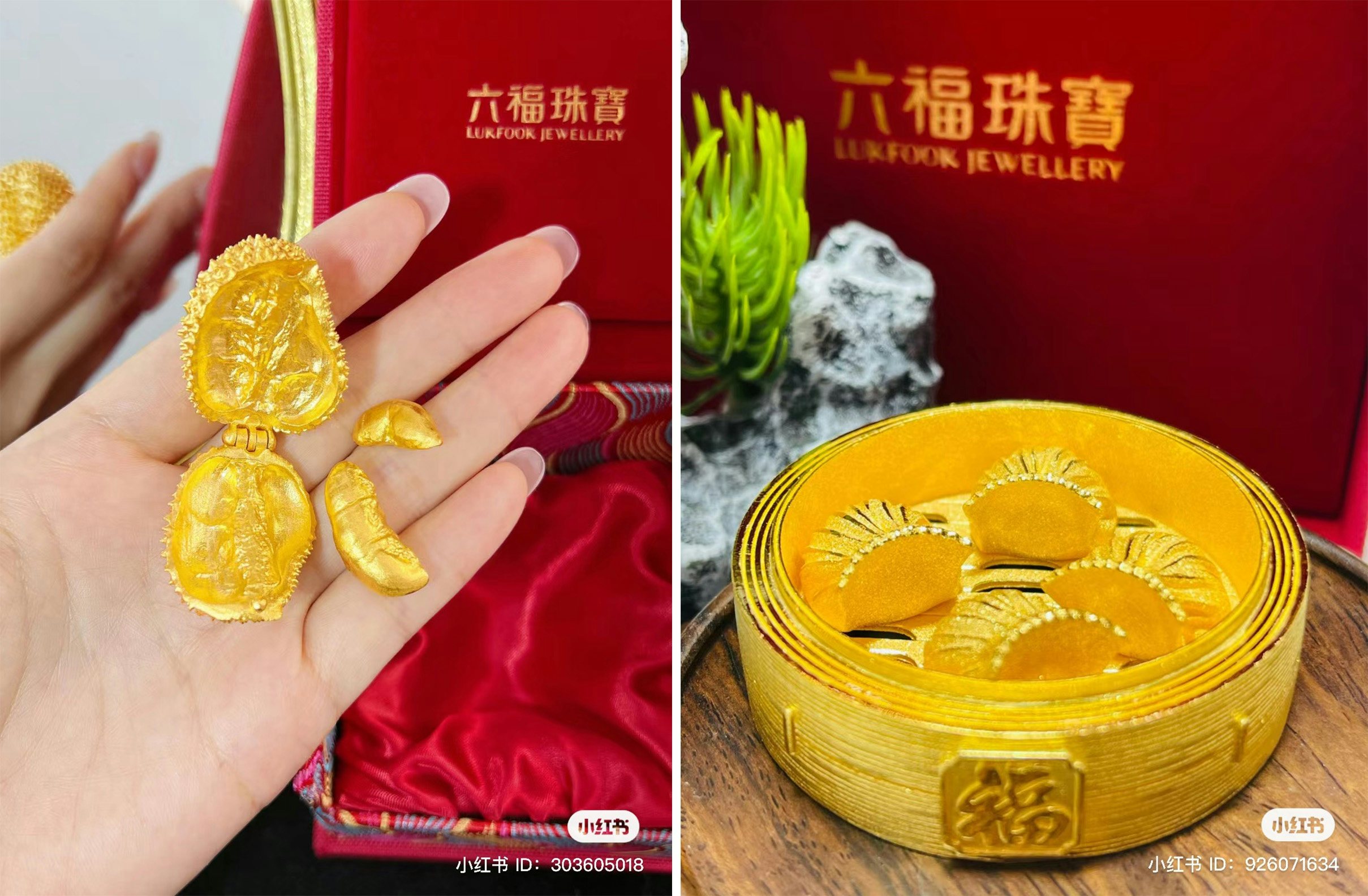 Hong Kong jewelry brand Lukfook is gaining attention online for its quirky food-shaped gold ornaments. Photo: Lukfook