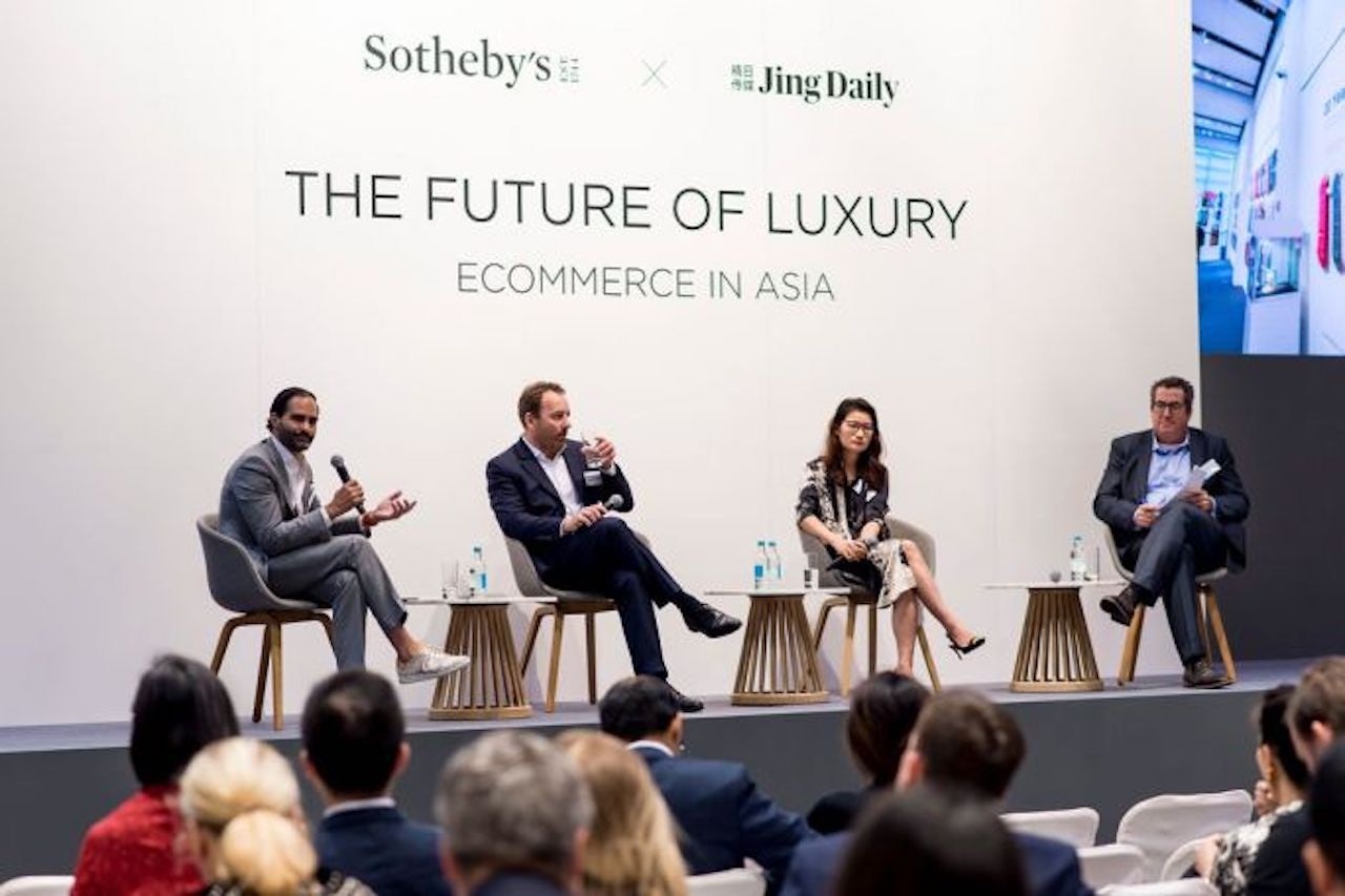 Edouard Aubin (second from the left), Head of Luxury Goods Research at Morgan Stanley, Judy Liu (second from the right), Managing Director of Farfetch Greater China, and David Goodman (first from the right), chief marketing officer of Sotheby’s, spoke at the second panel on “The Top Risk Luxury Brands are Making Online,” moderated by Daniel Langer (first from the left), CEO of Équité. Courtesy photo of Sotheby’s