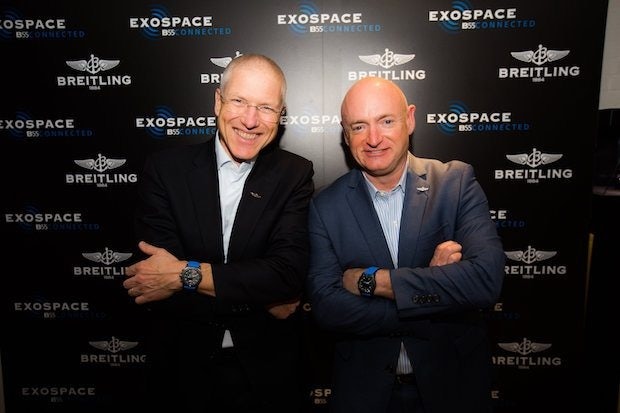 Breitling Vice President Jean-Paul Girardin and Breitling Brand Ambassador and astronaut Mark Kelly at the launch of the new Exospace B55 connected chronograph watch in New York. (Courtesy Photo)