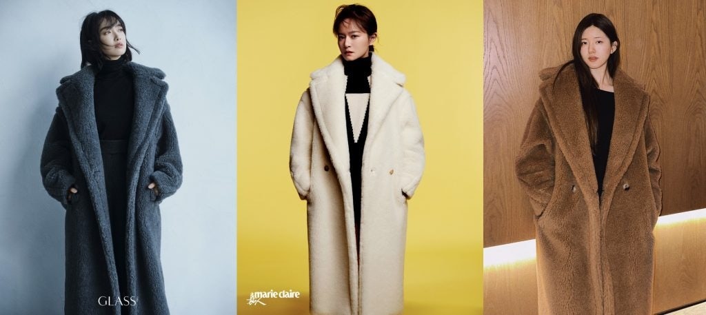 Victoria Song, Wang Siwen, and Zhao Lusi in Max Mara's iconic Teddy Bear coat. Image: Courtesy of GLASS and Marie Claire