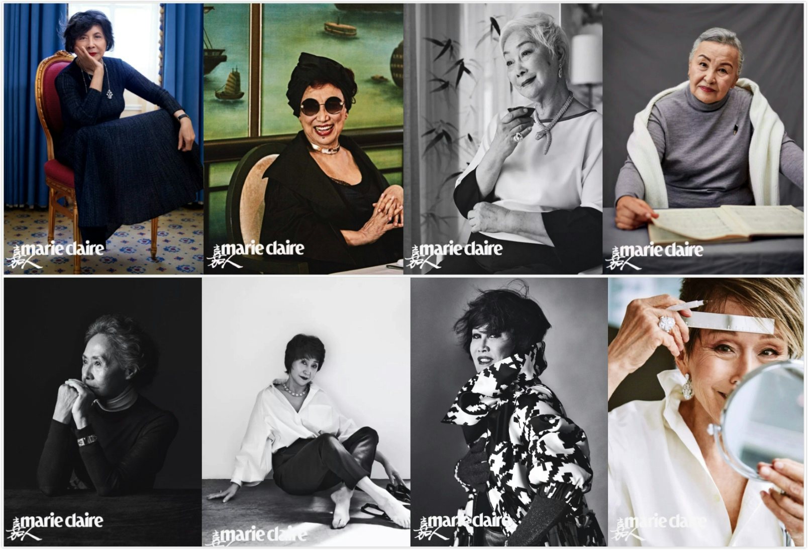 Marie Claire China features eight elder socialites with Chinese heritage in its upcoming September issue. From top left to right bottom are: Tsai Chin, Rebecca Pan, Lisa Lu, Zheng Xiaoying, Wu Yanshu, Chen Ailian, Yue-Sai Kan, and Jane Hsiang. Photo: Marie Claire China and Jing Daily illustration. 