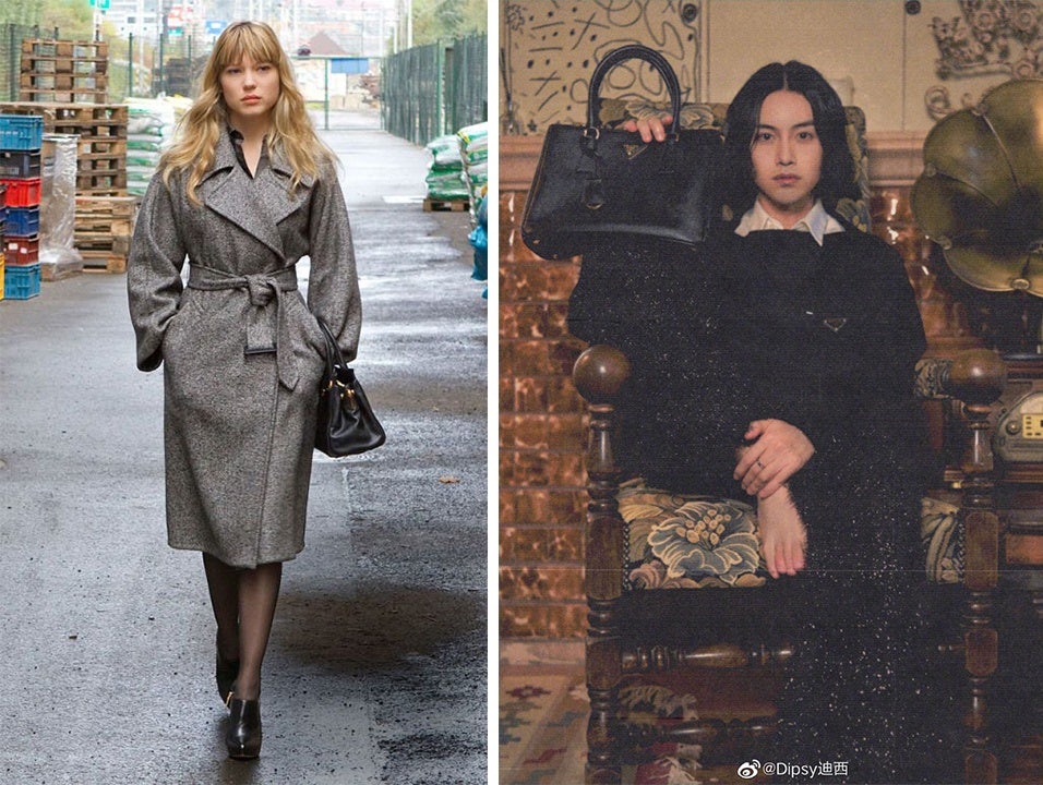Left: Actress Lea Seydoux sports Prada's Galleria handbag in "Mission: Impossible 4." Right: @Dipsy迪西 promotes the bag's relaunch to his 7 million Weibo followers.