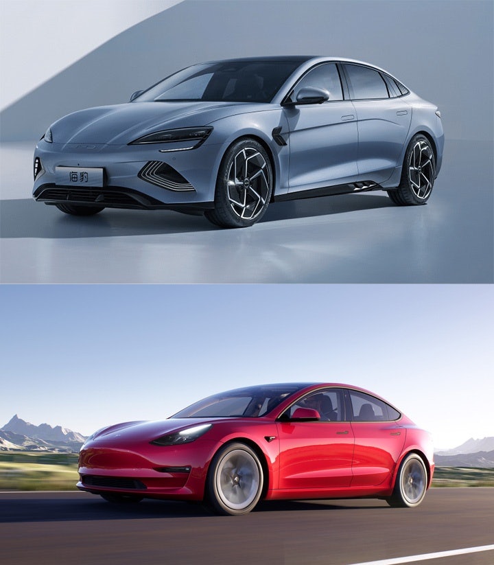 The BYD Seal (top), a competitor to Tesla's Model 3 (bottom), was released in August 2022 at a cheaper starting price. Photo: BYD, Tesla