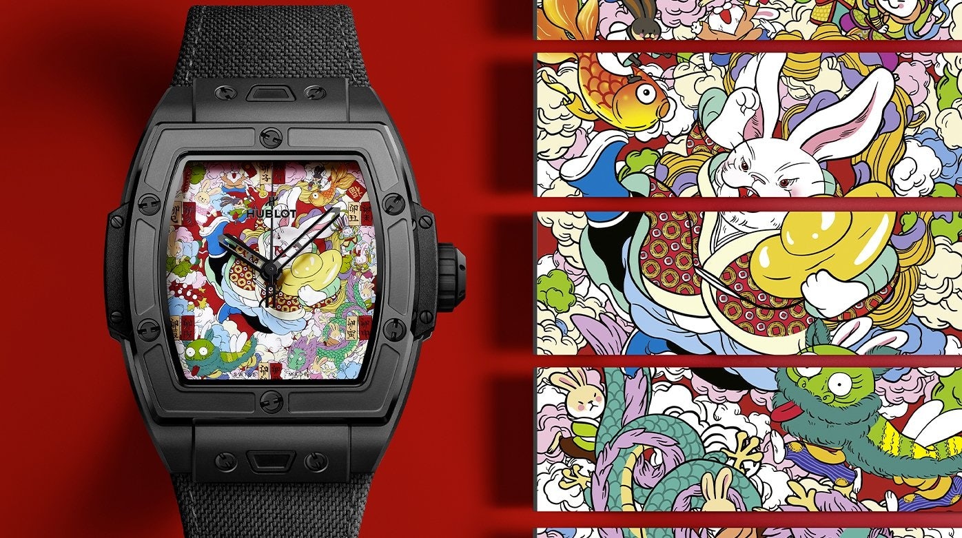 The “HAPPY兔-GETHER (TO-GETHER)” collection by Hublot x Chinese Artist Wen Na features a painting of the Spirit of Big Bang Black Ceramic Rabbit. Photo: Hublot