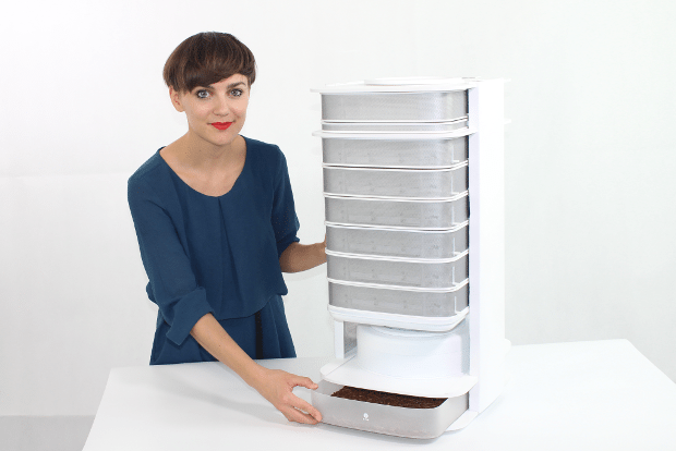 Founder of Livin Farms Katharina Unger displays her stylish mealworm harvesting kit, the Hive. (Courtesy Photo)