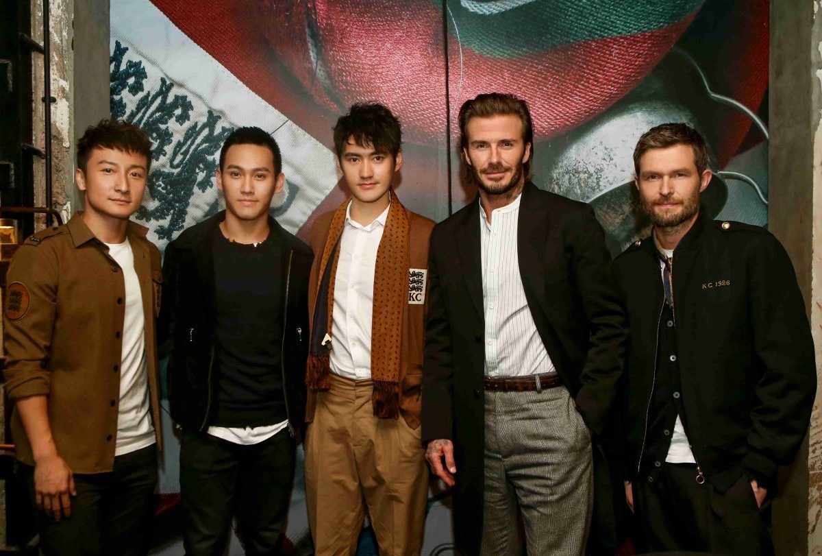 From left to right: Alex Fong, Wesley Wong, Hong Yuan, David Beckham, and Daniel Kearn at the Kent amp; Curwen collection launch in Shanghai. (Courtesy Photo)