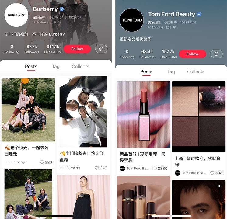 The official account pages for Burberry and Tom Ford Beauty on Xiaohongshu. Photo: Screenshots
