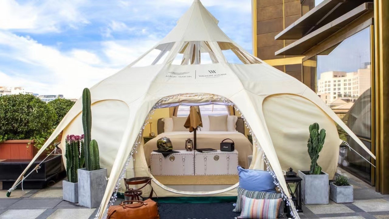 Waldorf Astoria Beijing and Aston Martin teamed up to launch the “Urban Glamping Plan,” offering guests unique camping experiences in the city. Photo: Courtesy of Waldorf Astoria Beijing 