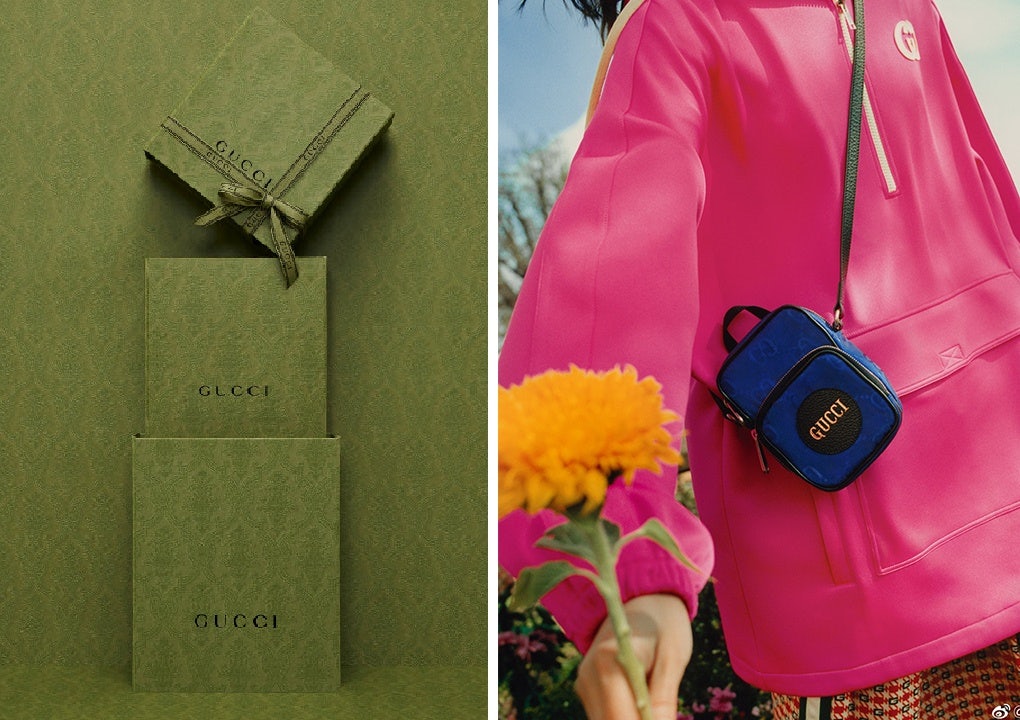 Left: Gucci's new sustainable packaging. Right: Mini bag made out of a nylon fabric sourced from regenerated materials. Photo: Gucci