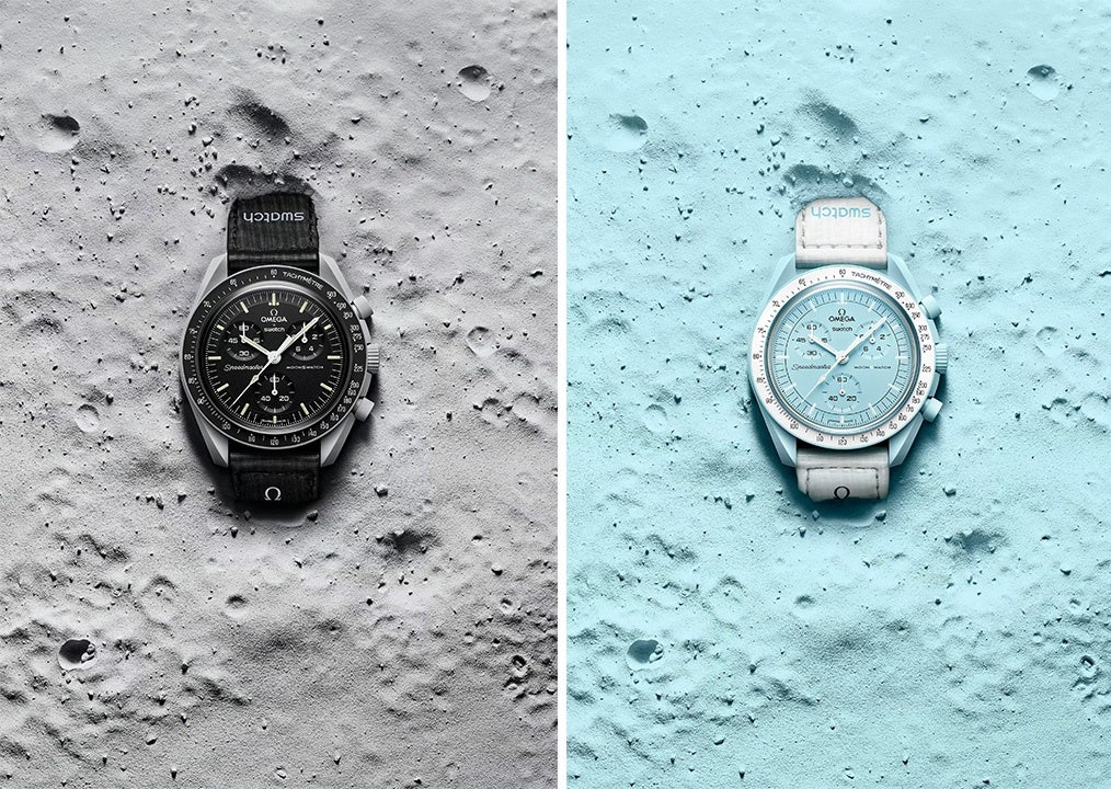 The Bioceramic MoonSwatch collection by Swatch and Omega features 11 different designs inspired by the sun, moon, and various planets. Photo: Swatch