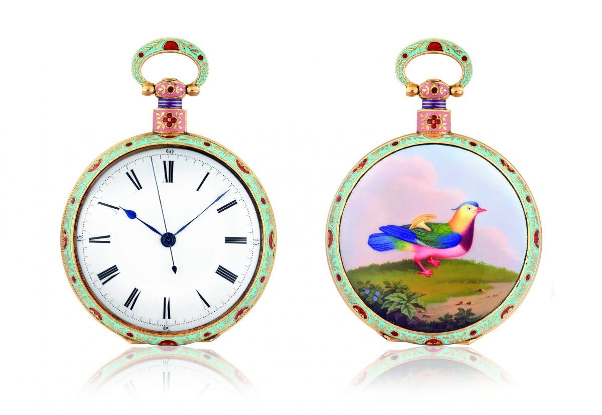 A watch made around 1835 with a Mandarin duck motif from Pascal Raffy's personal collection. (Courtesy Photo)