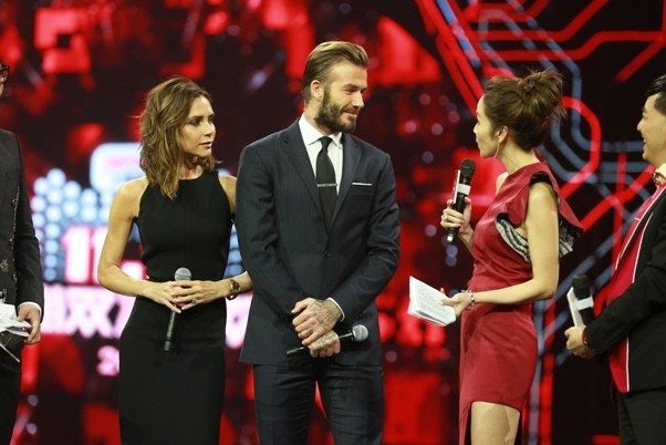 David and Victoria Beckham at a promotional event in China on Alibaba's Singles' Day. (Courtesy Photo)