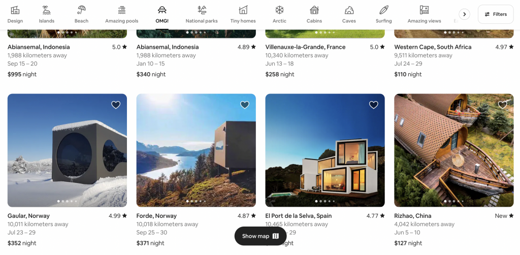 Airbnb allows travelers to search for places to stay based on a variety of categories. Photo: Screenshot